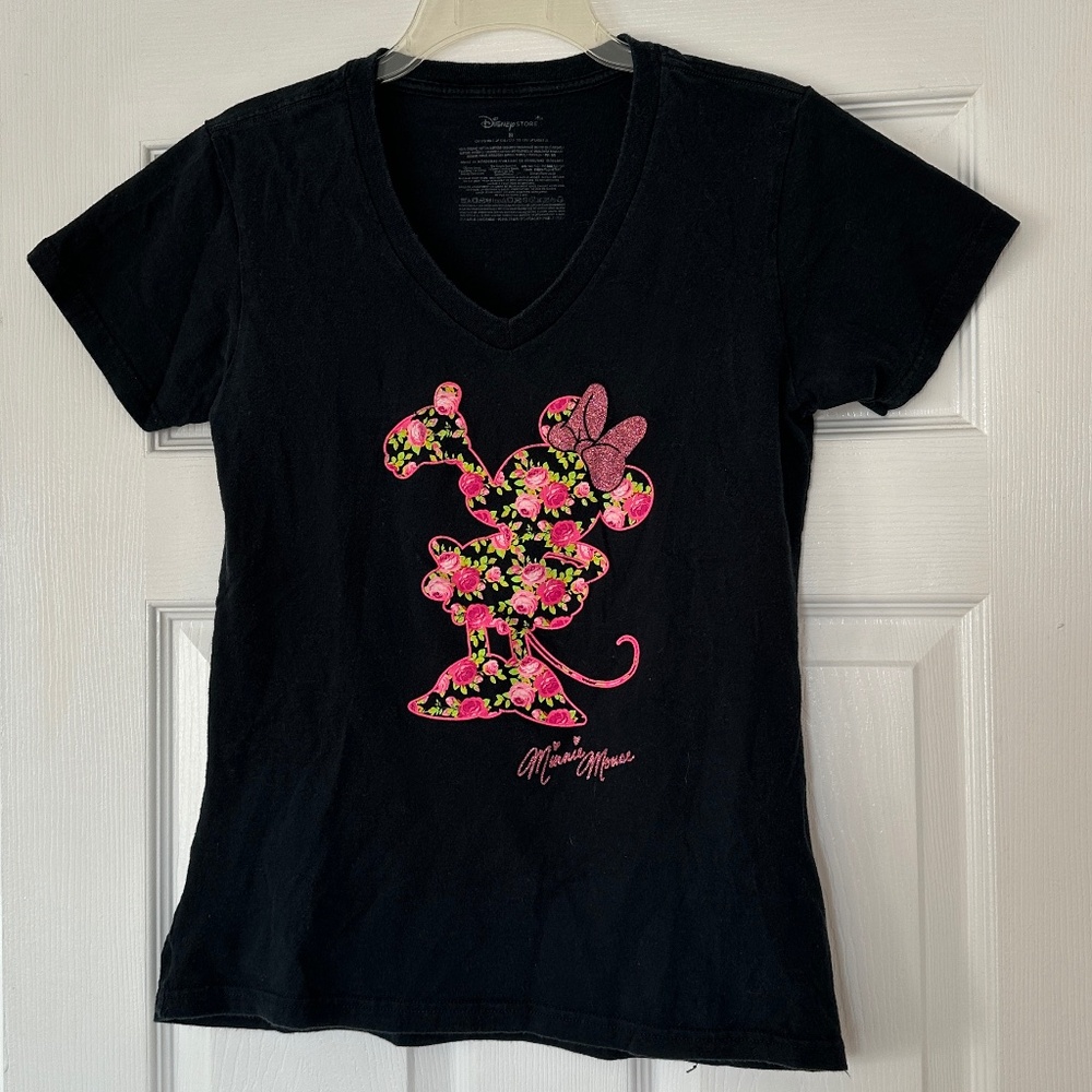 Women's Minnie Mouse Tee Black Floral Pink Size M